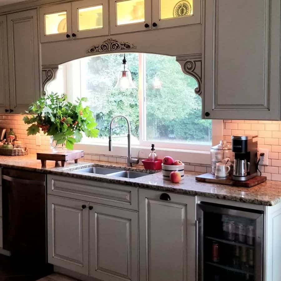 rustic kitchen ornate sliding window treatment