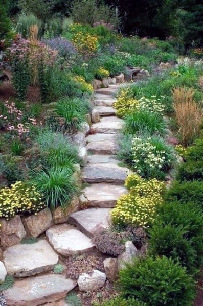 Slope Stairs Landscaping Exterior Ideas Stone Walkway