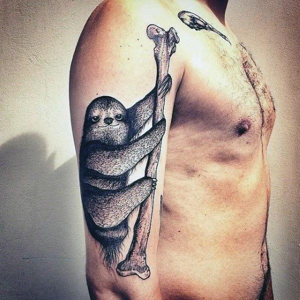 Sloth Climbing Bone Mens Upper Arm Dotwork Tattoos