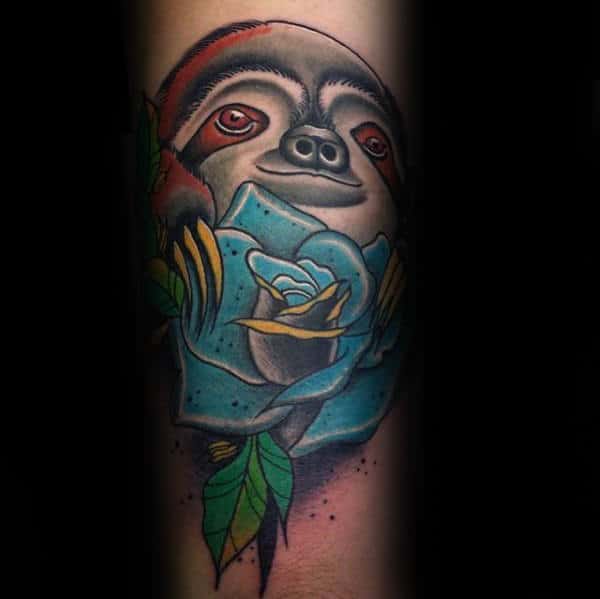 Sloth Holding Blue Rose Flower Mens Tattoos