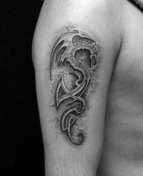 Small 3d Dragon Tribal Mens Arm Tattoo Ideas