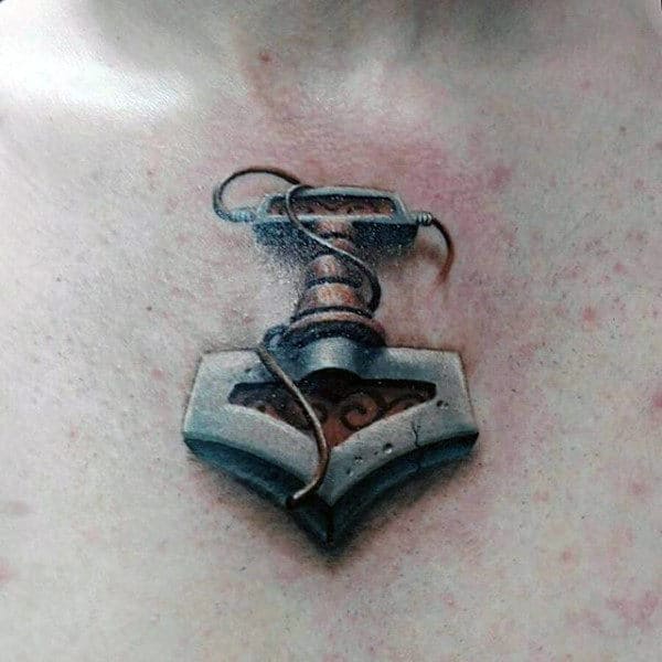 Small 3d Mens Mjolnir Tattoo Design Ideas On Upper Chest