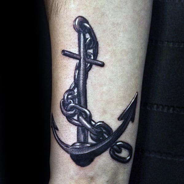 Small 3d Metal Anchor Guys Inner Forearm Tattoo