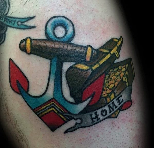 Traditional anchor tattoo with a treasure chest and "Home" banner, featuring bold colors, nautical elements, and a sense of adventure.