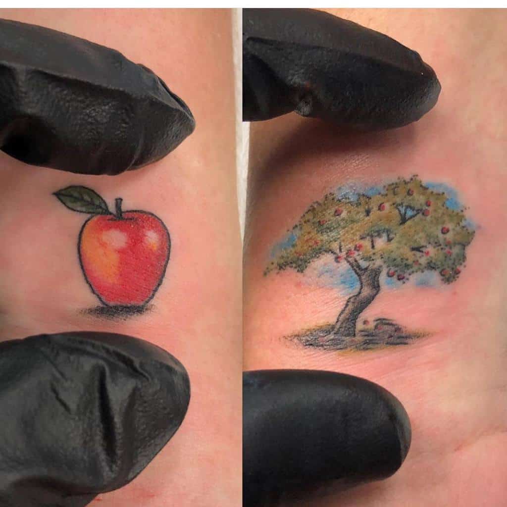 Matching mother-daughter tattoos: one features a vibrant apple, the other an apple tree