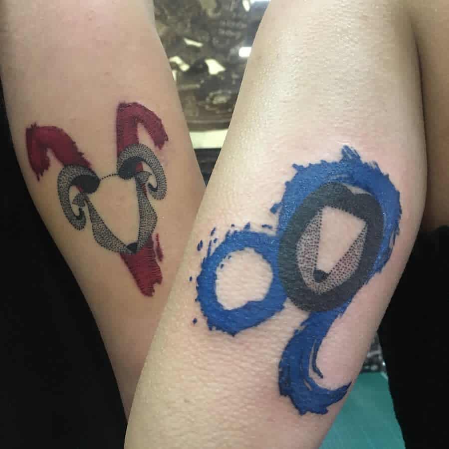 Abstract Aries and Leo zodiac tattoos featuring rough-edged brushstroke effects, blending astrology with modern artistry.