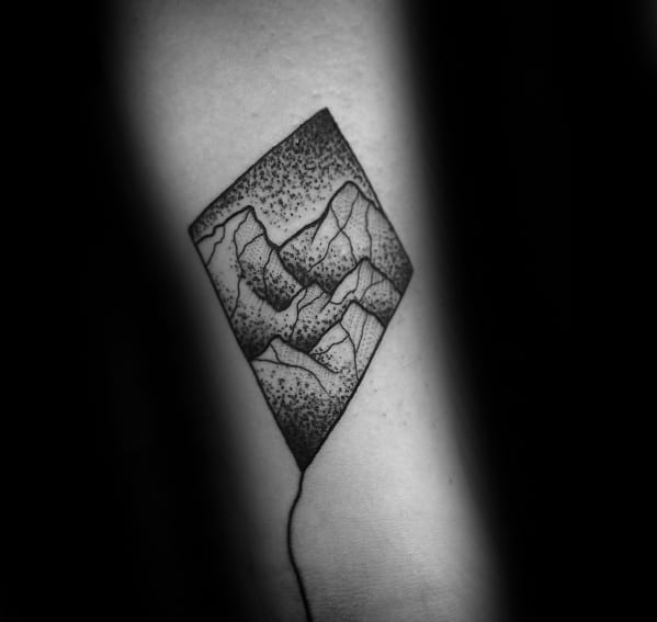 Small Arm Dotwork Mountains Kite Male Tattoo Designs