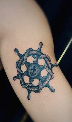 Small Arm Ship Wheel With Anchor Inside Tattoo For Guys