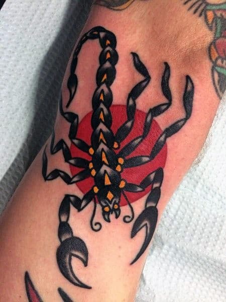 Small Arm Traditional Scorpion Red Sun Guys Tattoo Designs