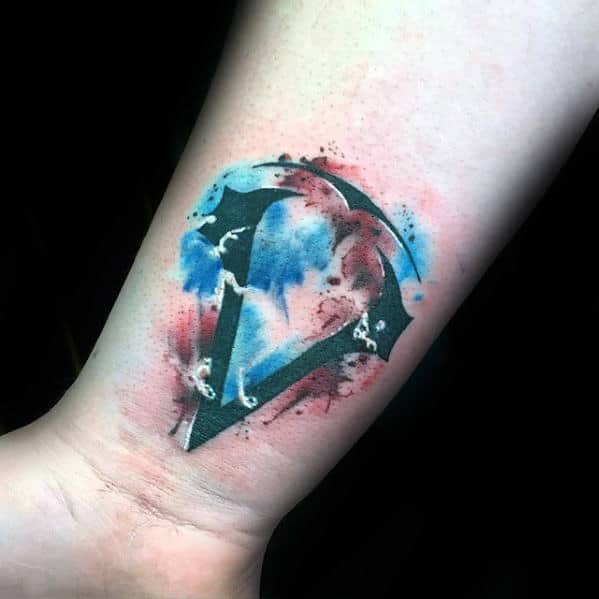 Small Assassins Creed Watercolor Logo Guys Wrist Tattoos