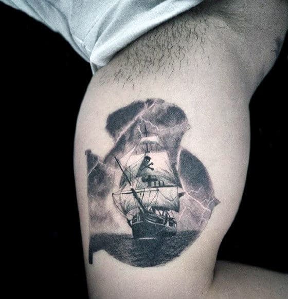 Small Awesome Pirate Ship Sailing In Storm Mens Inner Arm Bicep Tattoos