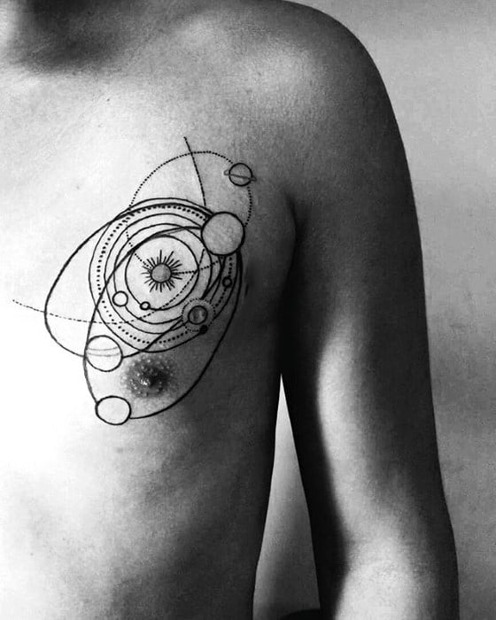 Small Awesome Solar System Male Upper Chest Tattoo Designs