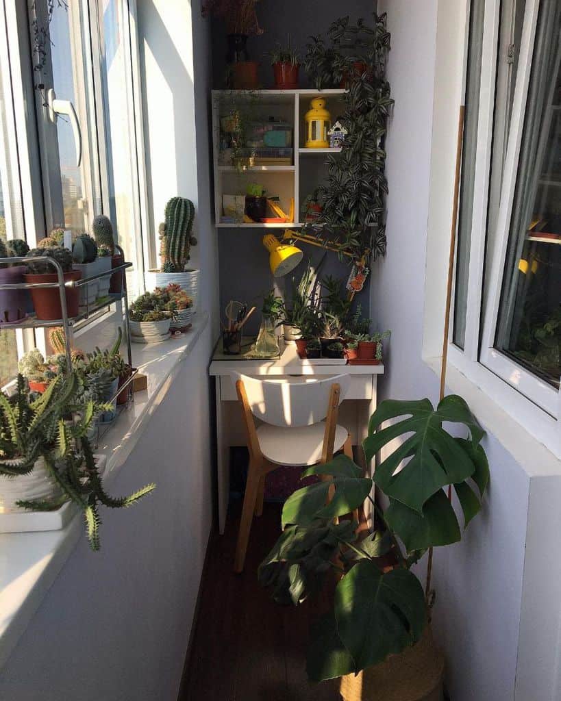 Narrow balcony garden with potted succulents, plants, and a small workspace with a desk.