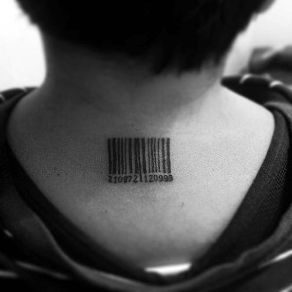 Small Barcode Back Of Neck Male Tattoos