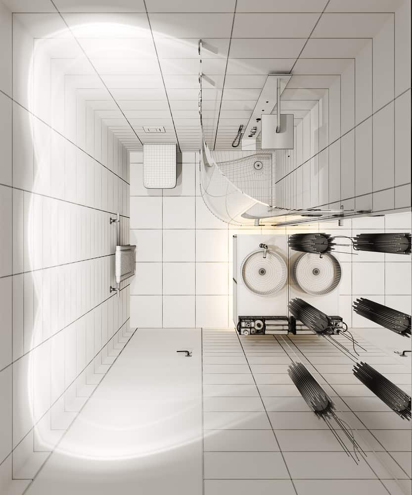 corner shower in white tile bathroom