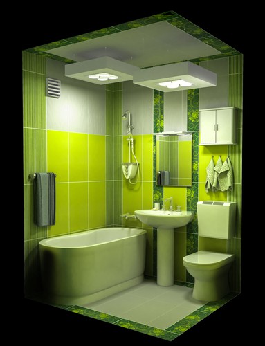 green tile small bathroom with tub