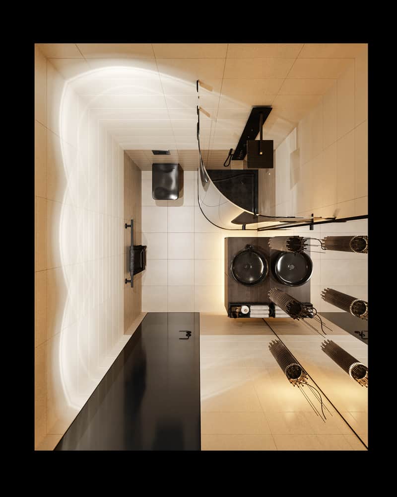 small luxury bathroom with corner shower and black accents