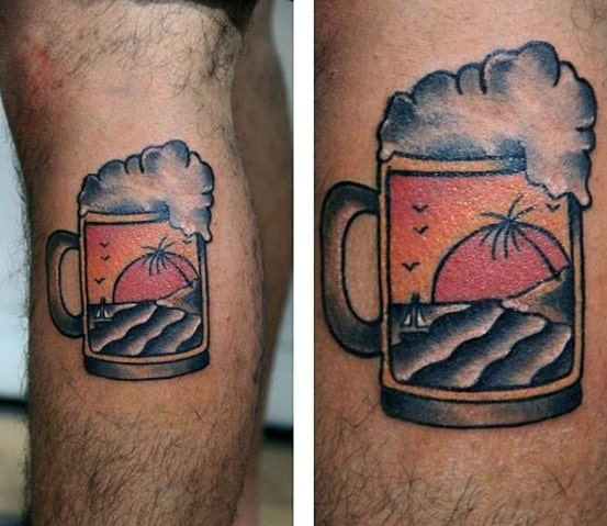 Small Beach Mens Beer Mug Traditional Side Of Leg Tattoo