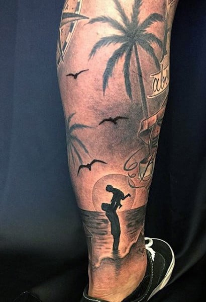 Small Beach Palm Tree Tattoos For Males On Back Of Legs