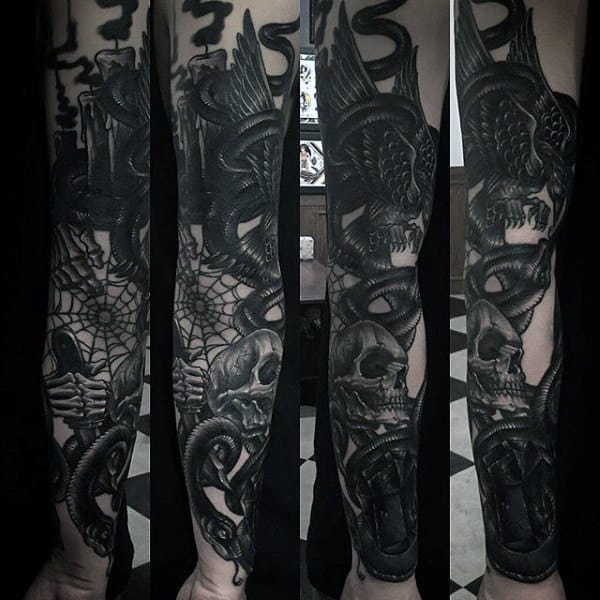 Full-sleeve tattoo featuring skull, snake, raven, and web elements on an arm