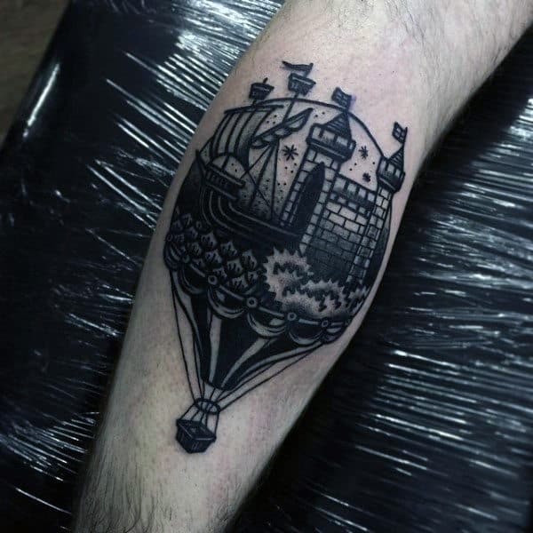 Small Black Ink Castle Hot Air Balloon Male Leg Calf Tattoos