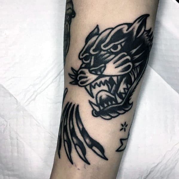 Small Black Ink Shaded Guys Traditional Panther Claw Forearm Tattoo