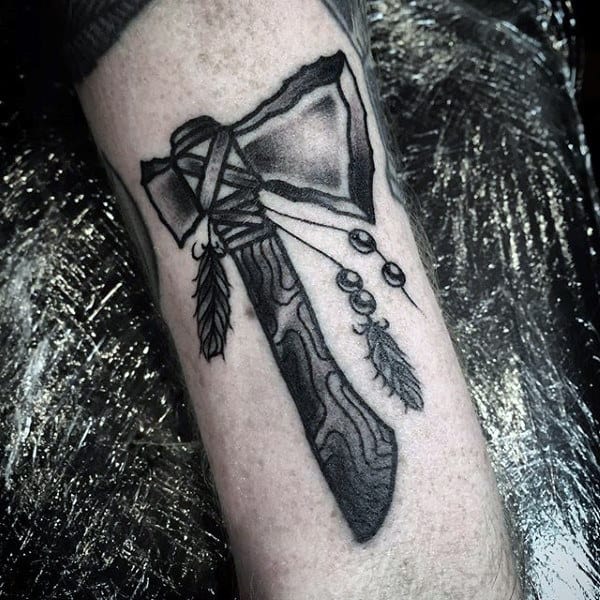 Small Black Ink Shaded Mens Tomahawk Tattoo Inspiration