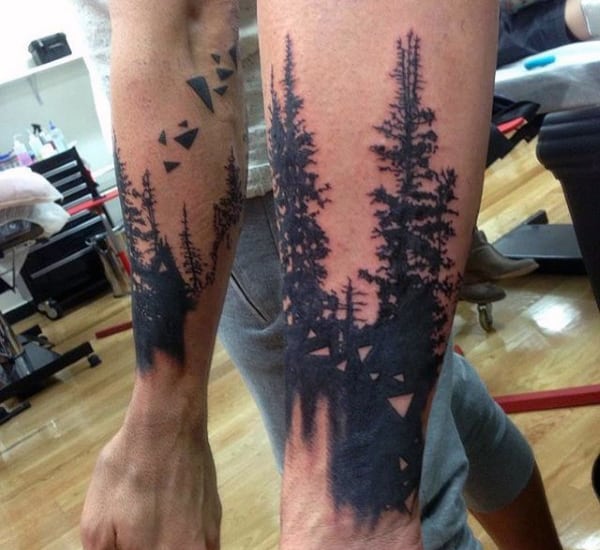 Small Black Ink Triangles With Trees Tattoo On Arms For Men