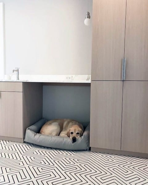 small dog nook under bench top tile floor 