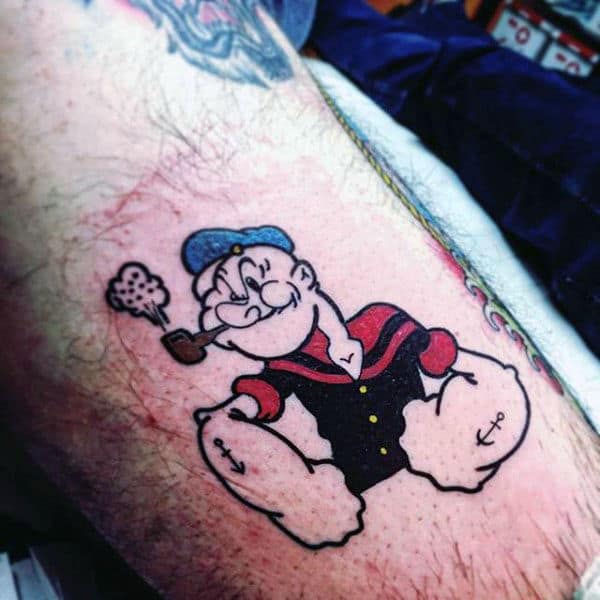Small Cartoon Style Popeye Mens Leg Tattoo