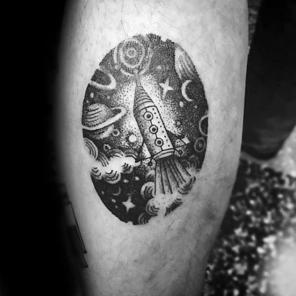 Small Circular Guys Outer Space Rocket Ship Leg Calf Tattoo
