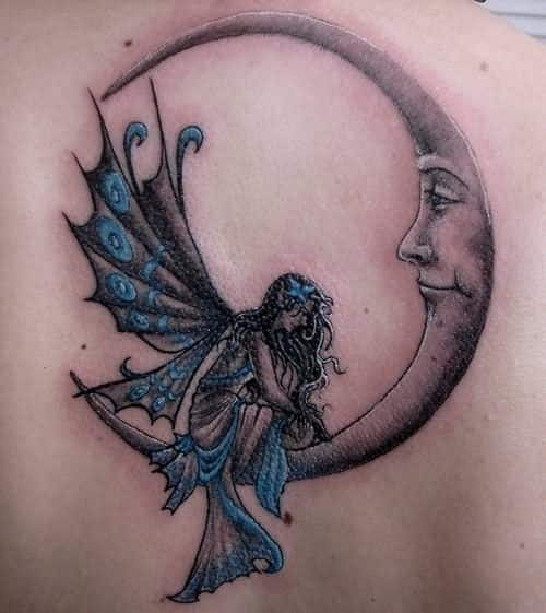Small Colored Fairy Moon Tattoo
