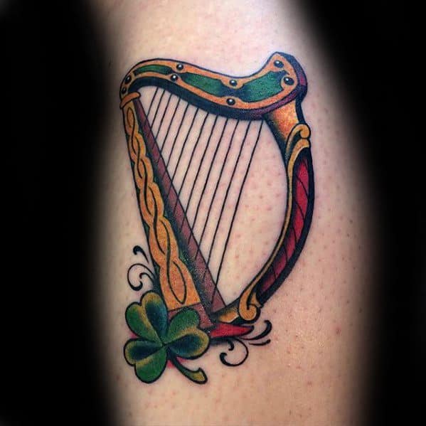 Small Colorful Irish Male Harp Tattoo