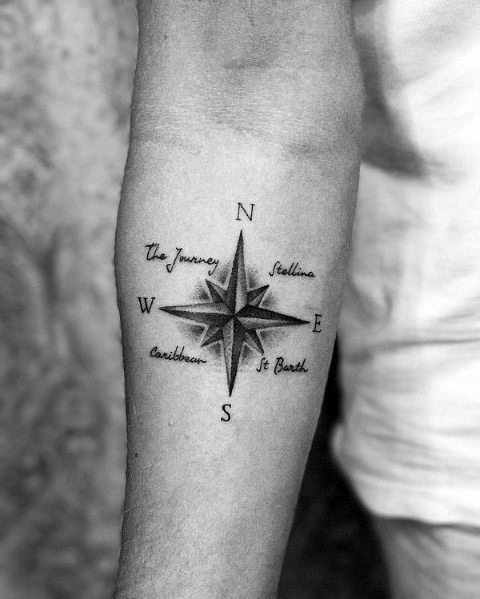 Simple compass tattoo with fine shading and personalized text, symbolizing travel, adventure, and meaningful destinations.