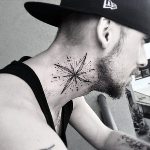Minimalist compass tattoo on the neck with fine-line details and geometric accents, symbolizing direction, exploration, and personal guidance.