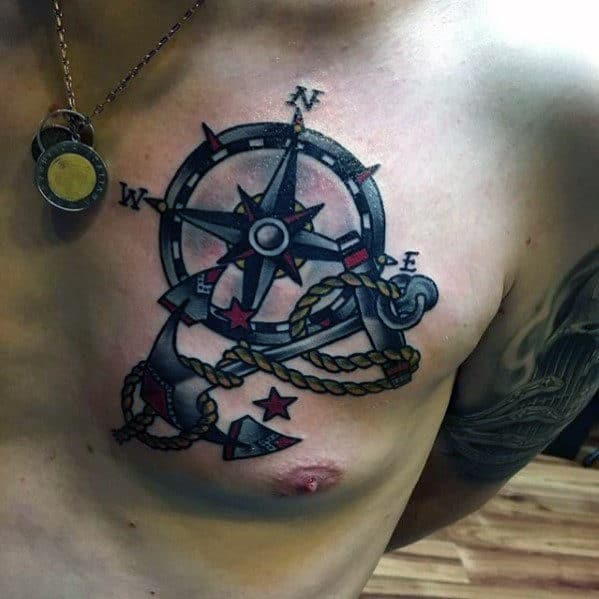 Small Compass With Anchor Old School Male Chest Tattoo