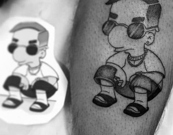 Black and white tattoo of Milhouse from The Simpsons in a cool streetwear look, wearing sunglasses, chains, and sandals.