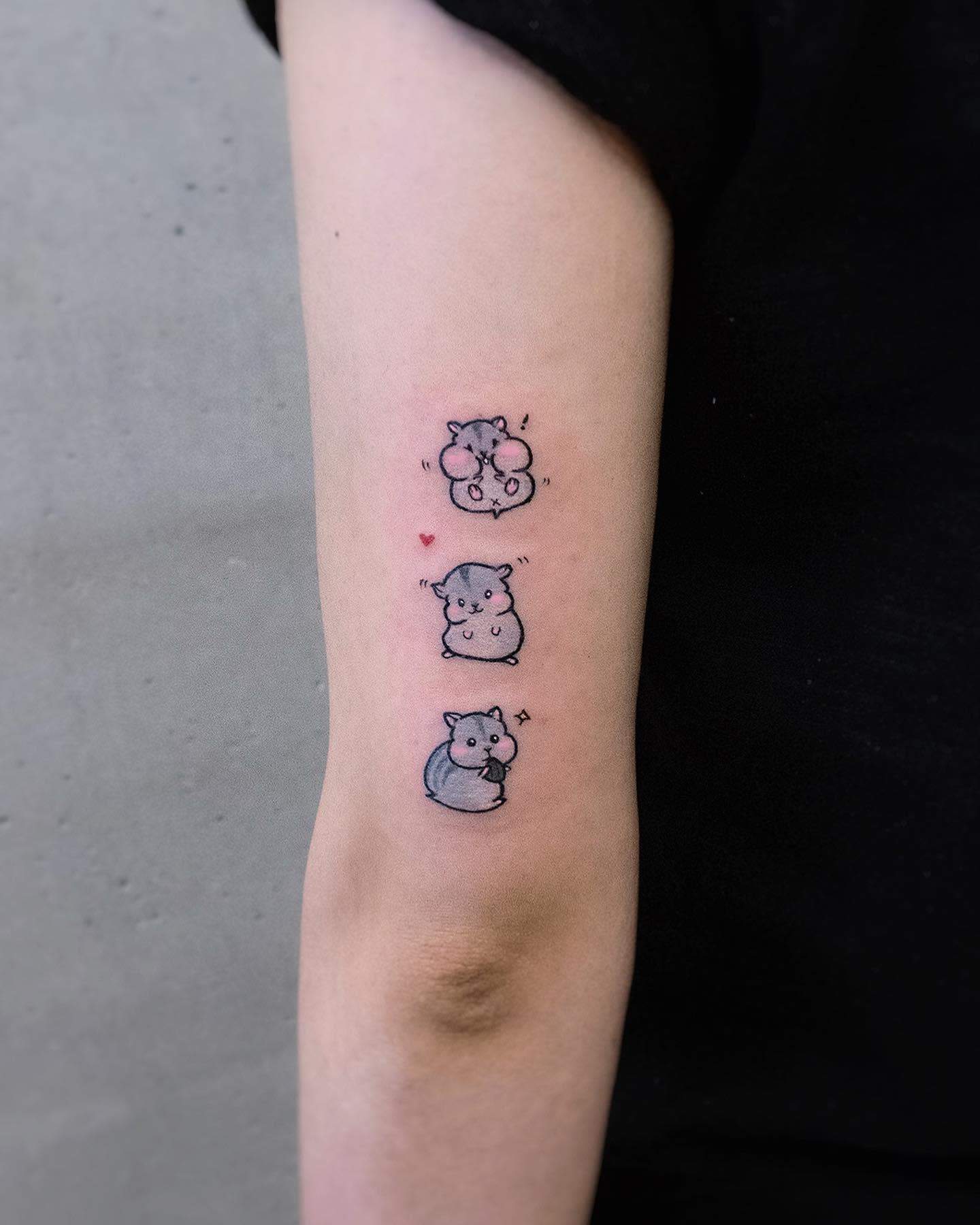 Adorable three-part hamster tattoo showing different cute expressions, with soft shading and tiny sparkles