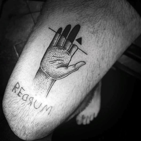 Small Dark Triangle With Hand Symbol Tattoo On Thighs For Guys