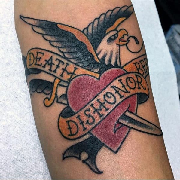 Small Death Before Dishonor Traditional Eagle Heart Mens Forearm Tattoo