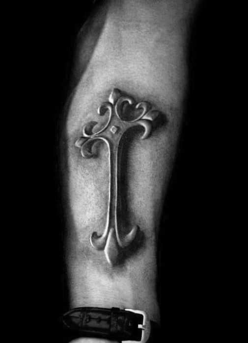 Small Detailed 3d Badass Cross Guys Inner Forearm Tattoo Design Inspiration