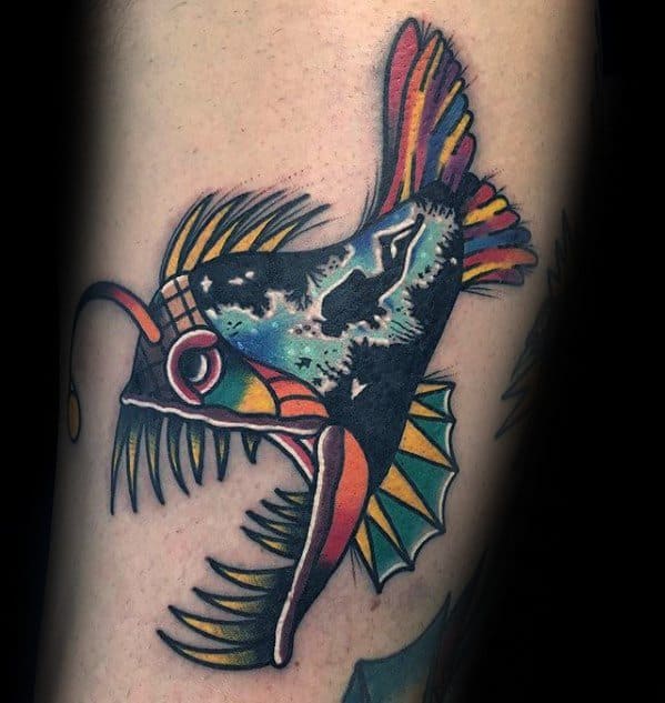 Small Detailed Angler Fish Male Tattoo Ideas With Colorful Design