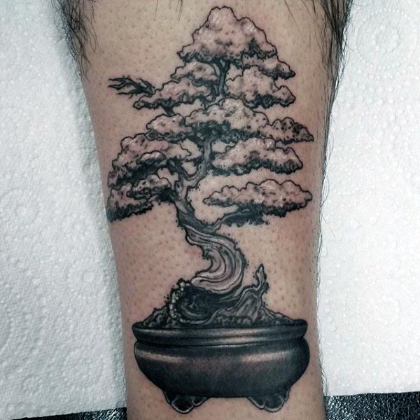 Small Detailed Bonsai Tree Leg Tattoos For Men
