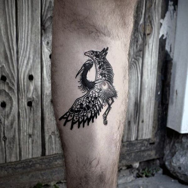 Small Detailed Crane Guys Leg Tattoo Ideas