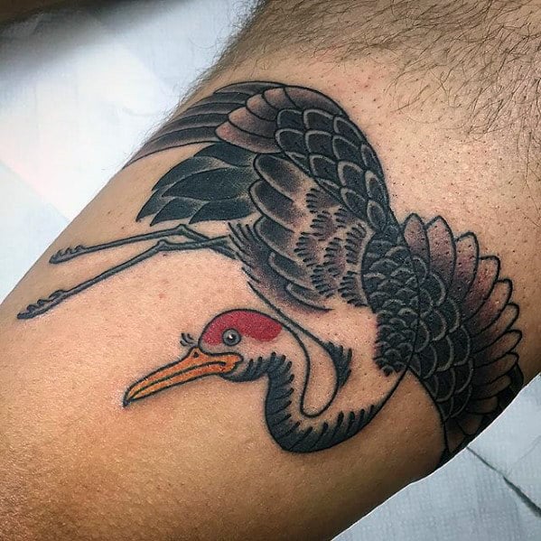 Small Detailed Crane Mens Leg Tattoos