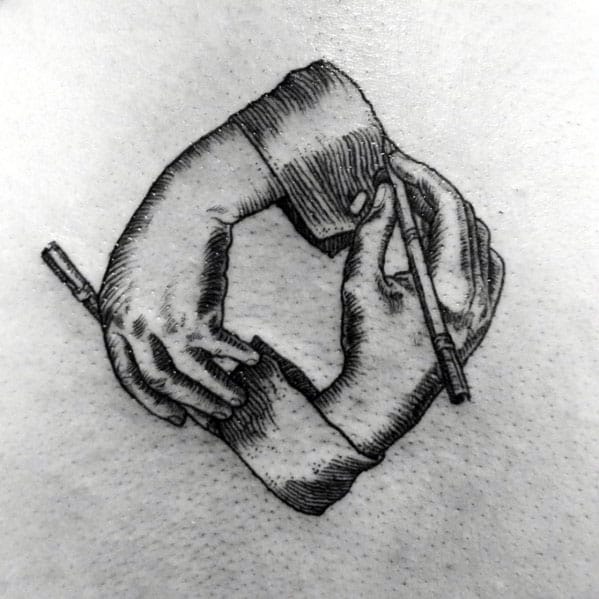 MC Escher-inspired tattoo of two hands drawing each other in a continuous loop, creating a surreal paradox of creation.