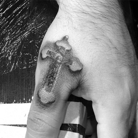 Small Detailed Jesus On The Cross 3d Mens Finger Tattoo