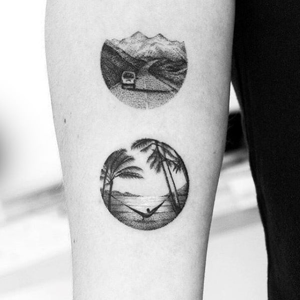 Small Detailed Mens Beach Scene Inner Forearm Tattoo