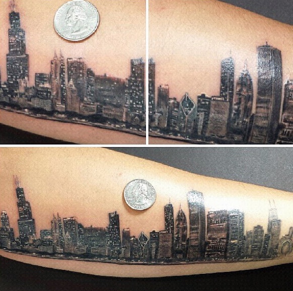 Small Detailed Mens Forearm Chicago Skyline Tattoos