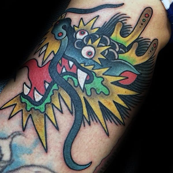 Small Detailed Traditional Dragon Head Mens Inner Arm Tattoo